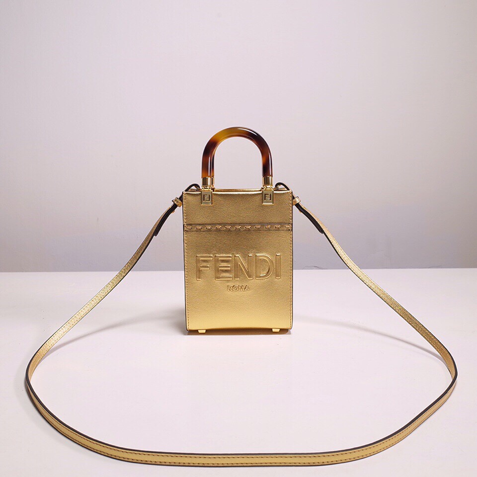 Fendi Mini Sunshine Shopper Bag In Gold Laminated Leather (13-18-6.5CM) - PerfectKickZ