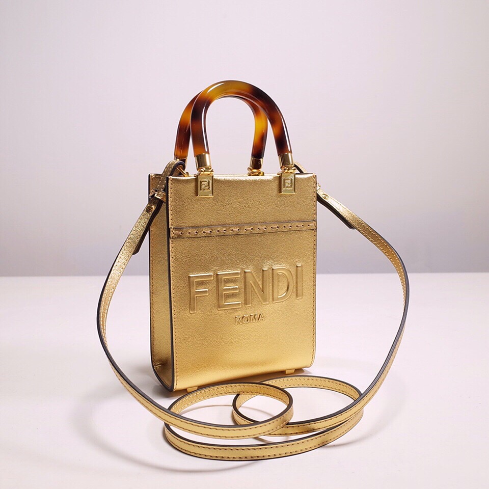 Fendi Mini Sunshine Shopper Bag In Gold Laminated Leather (13-18-6.5CM) - PerfectKickZ