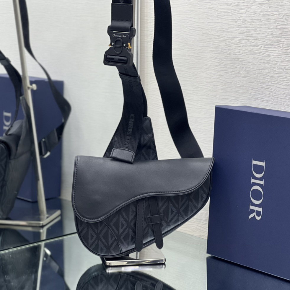 Dior Black CD Diamond Canvas And Smooth Calfskin Saddle Bag(26-19-4.5cm) 1ADPO093 - PerfectKickZ