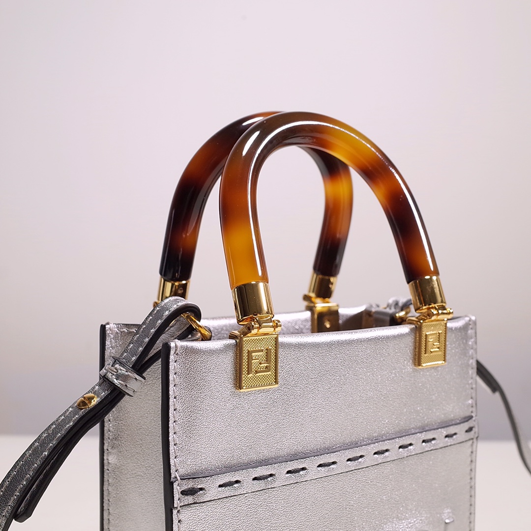 Fendi Mini Sunshine Shopper Bag In Silver Laminated Leather (13-18-6.5CM) - PerfectKickZ