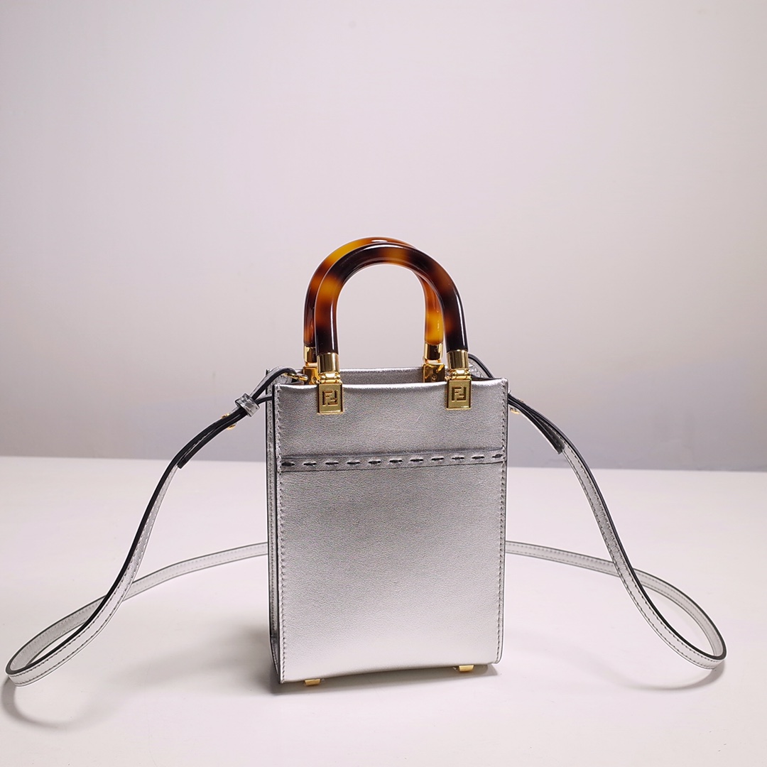 Fendi Mini Sunshine Shopper Bag In Silver Laminated Leather (13-18-6.5CM) - PerfectKickZ