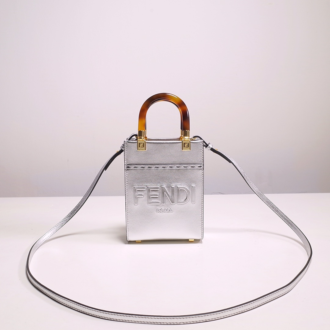 Fendi Mini Sunshine Shopper Bag In Silver Laminated Leather (13-18-6.5CM) - PerfectKickZ