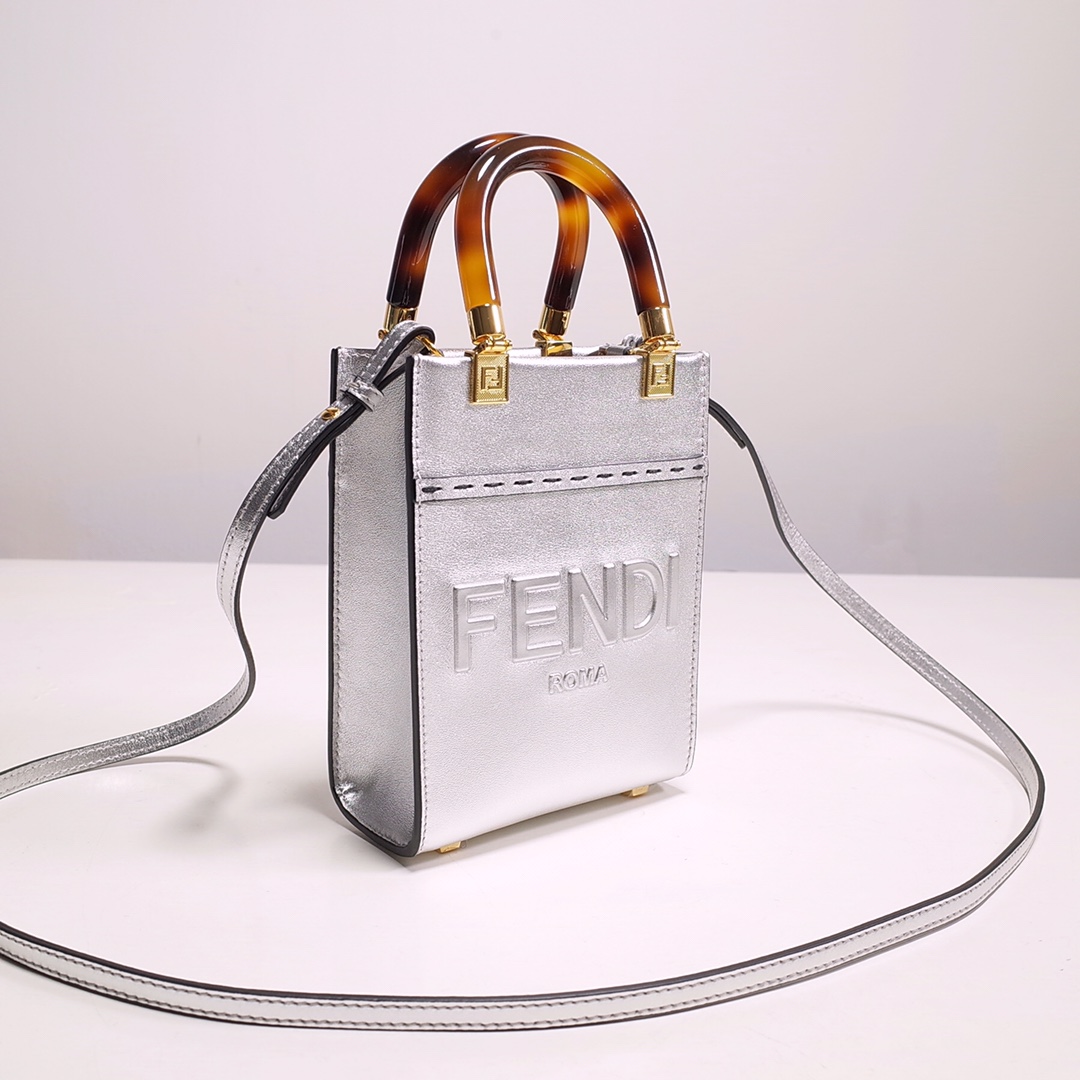 Fendi Mini Sunshine Shopper Bag In Silver Laminated Leather (13-18-6.5CM) - PerfectKickZ