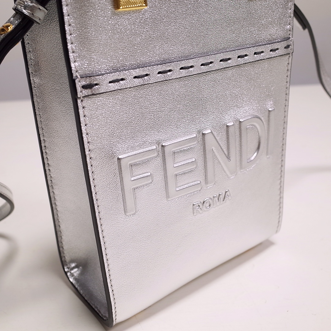 Fendi Mini Sunshine Shopper Bag In Silver Laminated Leather (13-18-6.5CM) - PerfectKickZ