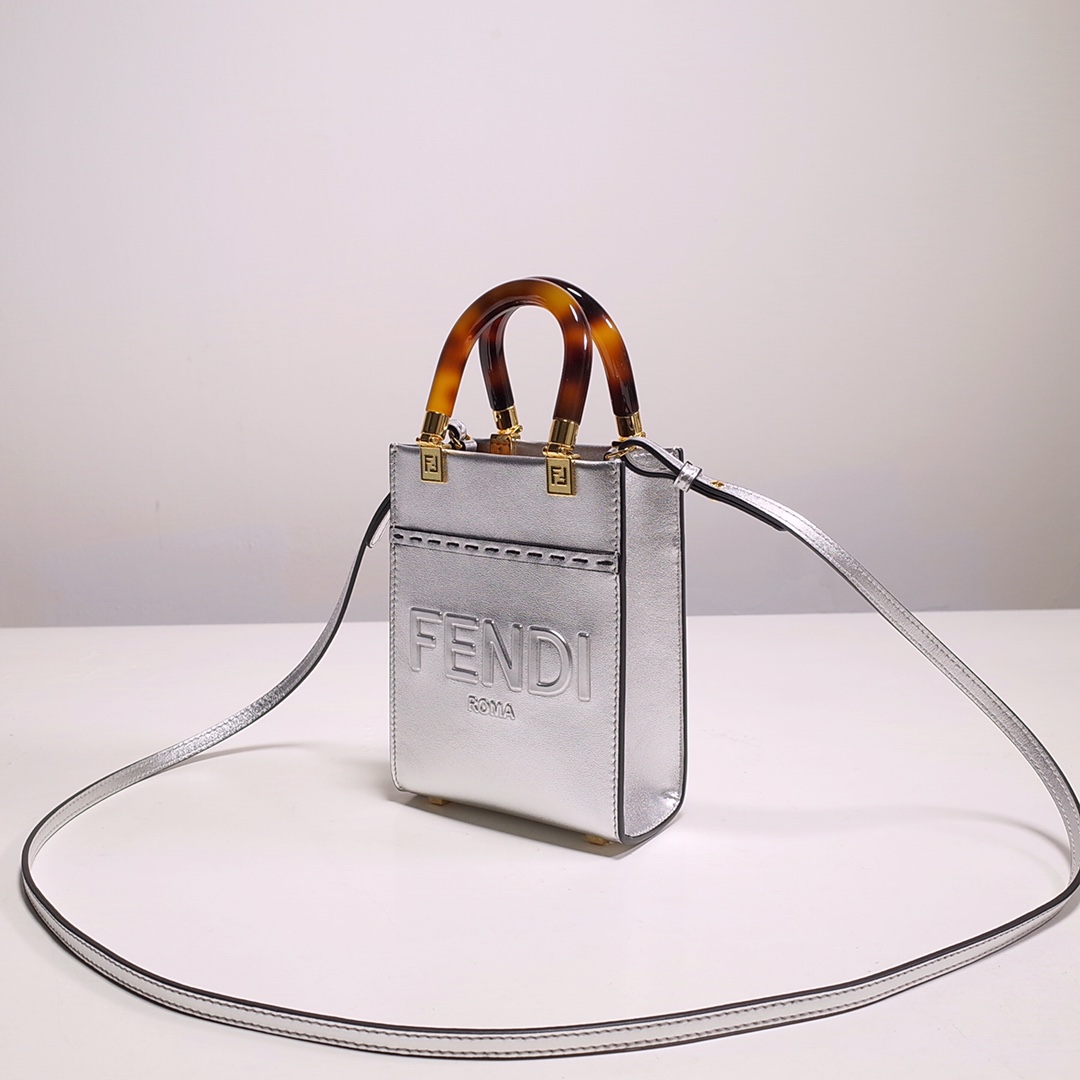 Fendi Mini Sunshine Shopper Bag In Silver Laminated Leather (13-18-6.5CM) - PerfectKickZ