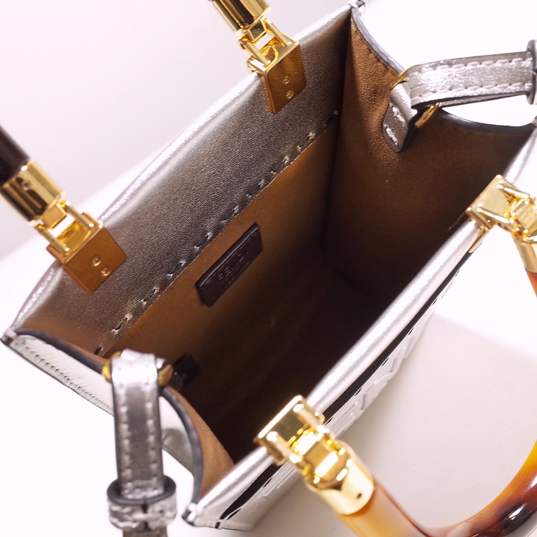 Fendi Mini Sunshine Shopper Bag In Silver Laminated Leather (13-18-6.5CM) - PerfectKickZ