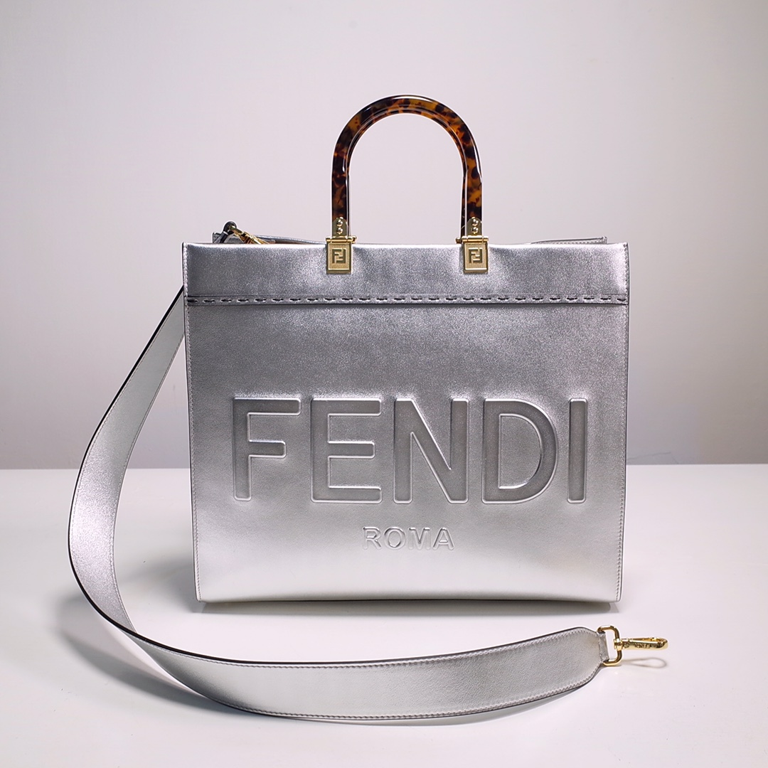 Fendi Sunshine Medium Shopper Bag In Silver Laminated Leather (35-31-17cm)  8BH386 - PerfectKickZ