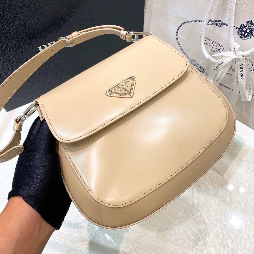 Prada Cleo Brushed Leather Shoulder Bag In Apricot(24-19-6cm)   1BD303 - PerfectKickZ