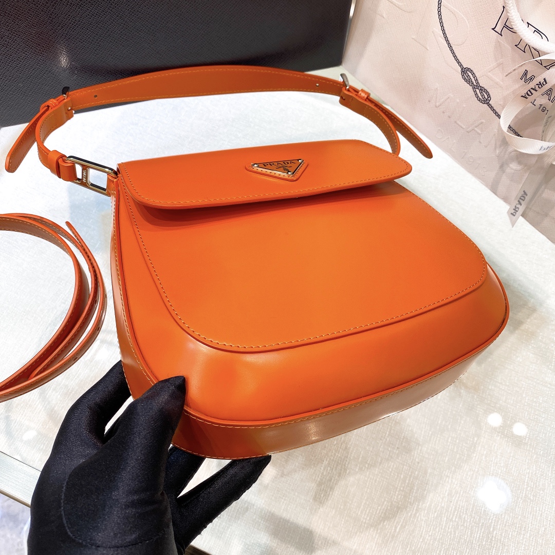 Prada Cleo Brushed Leather Shoulder Bag In Orange(24-19-6cm)   1BD303 - PerfectKickZ