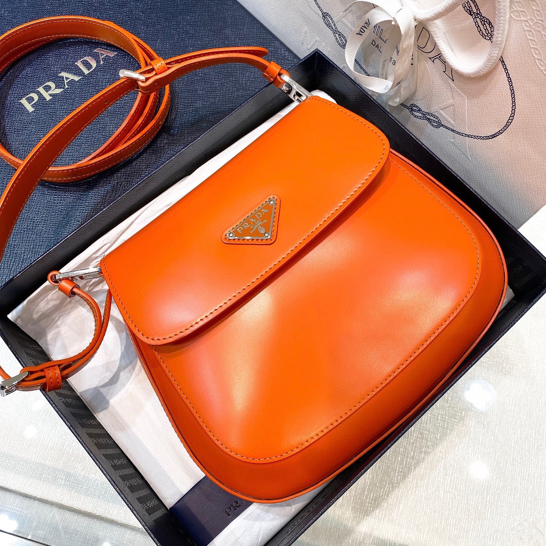 Prada Cleo Brushed Leather Shoulder Bag In Orange(24-19-6cm)   1BD303 - PerfectKickZ