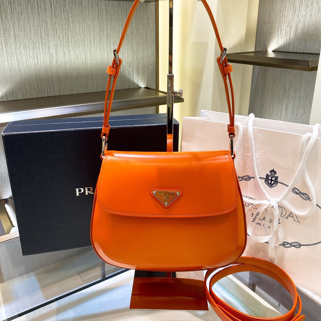 Prada Cleo Brushed Leather Shoulder Bag In Orange(24-19-6cm)   1BD303 - PerfectKickZ