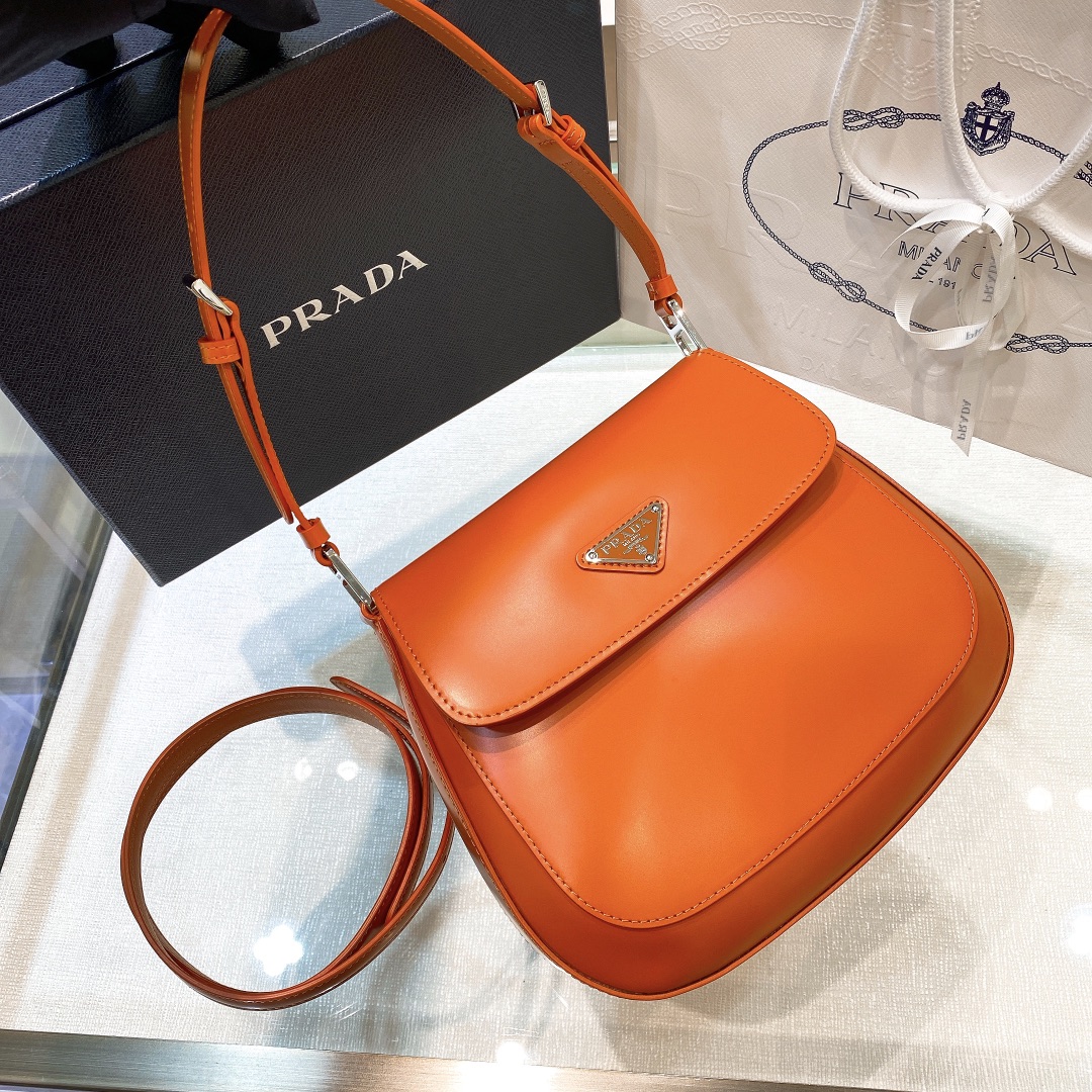 Prada Cleo Brushed Leather Shoulder Bag In Orange(24-19-6cm)   1BD303 - PerfectKickZ