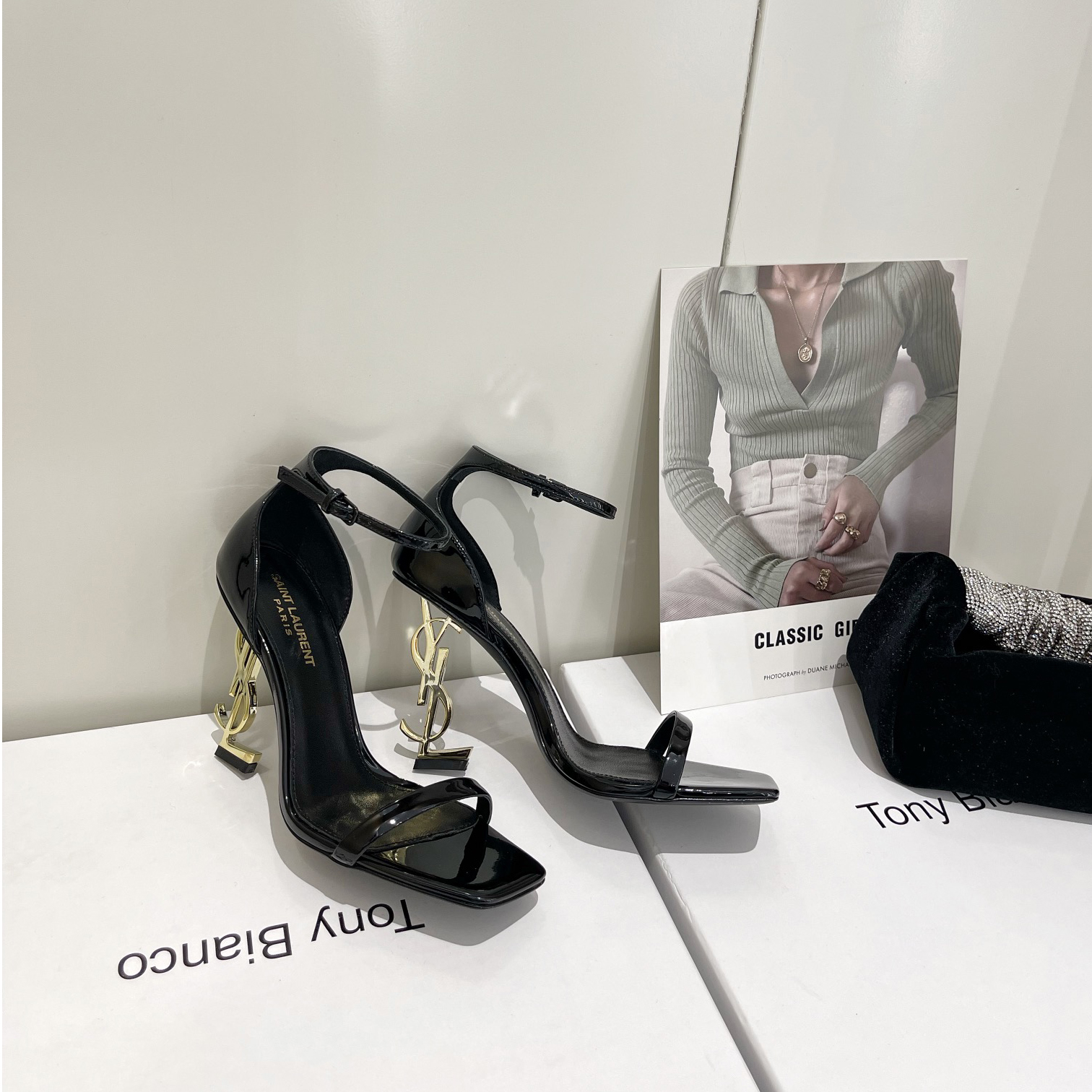Saint Laurent Opyum Sandals In Patent Leather WIth Gold-Tone Heel— Heel Higth 90mm - PerfectKickZ