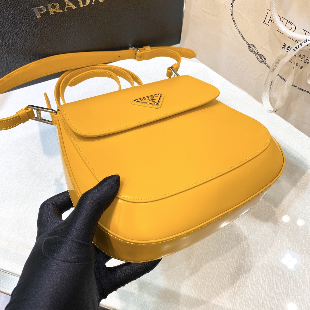 Prada Cleo Brushed Leather Shoulder Bag In Yellow(24-19-6cm)   1BD303 - PerfectKickZ