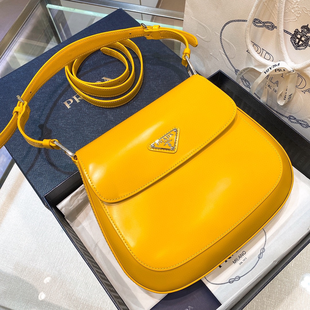 Prada Cleo Brushed Leather Shoulder Bag In Yellow(24-19-6cm)   1BD303 - PerfectKickZ