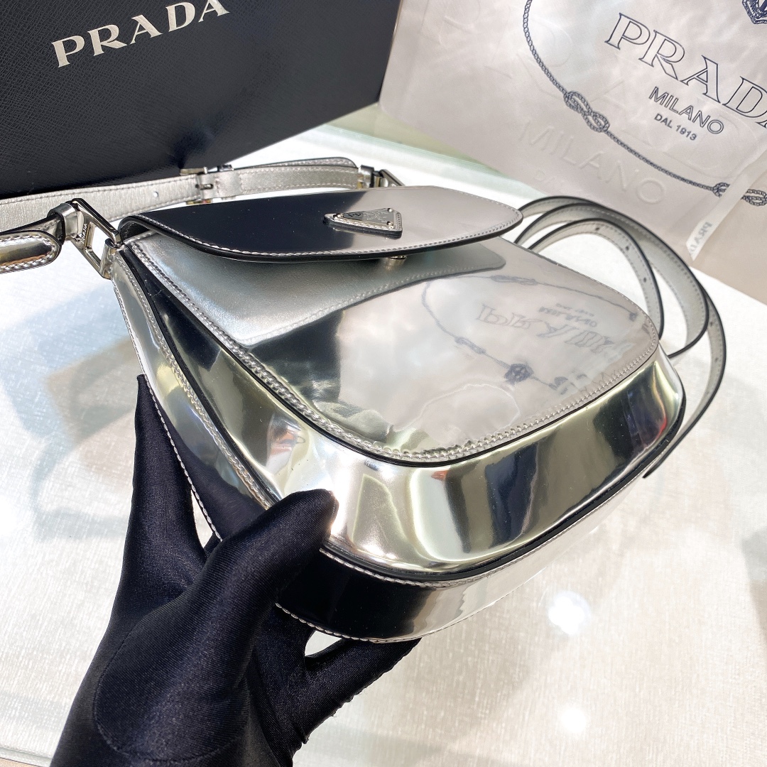 Prada Cleo Brushed Leather Shoulder Bag In Silver(24-19-6cm)   1BD303 - PerfectKickZ