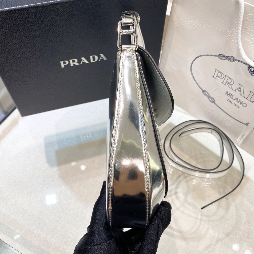 Prada Cleo Brushed Leather Shoulder Bag In Silver(24-19-6cm)   1BD303 - PerfectKickZ