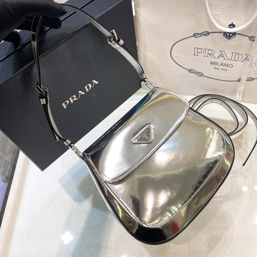 Prada Cleo Brushed Leather Shoulder Bag In Silver(24-19-6cm)   1BD303 - PerfectKickZ