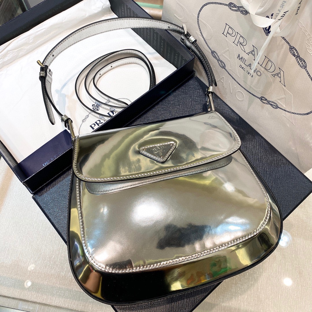 Prada Cleo Brushed Leather Shoulder Bag In Silver(24-19-6cm)   1BD303 - PerfectKickZ