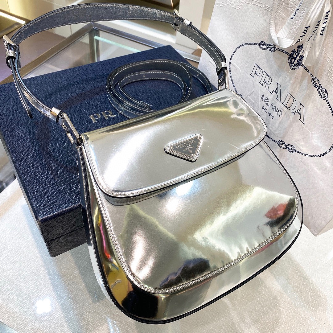 Prada Cleo Brushed Leather Shoulder Bag In Silver(24-19-6cm)   1BD303 - PerfectKickZ