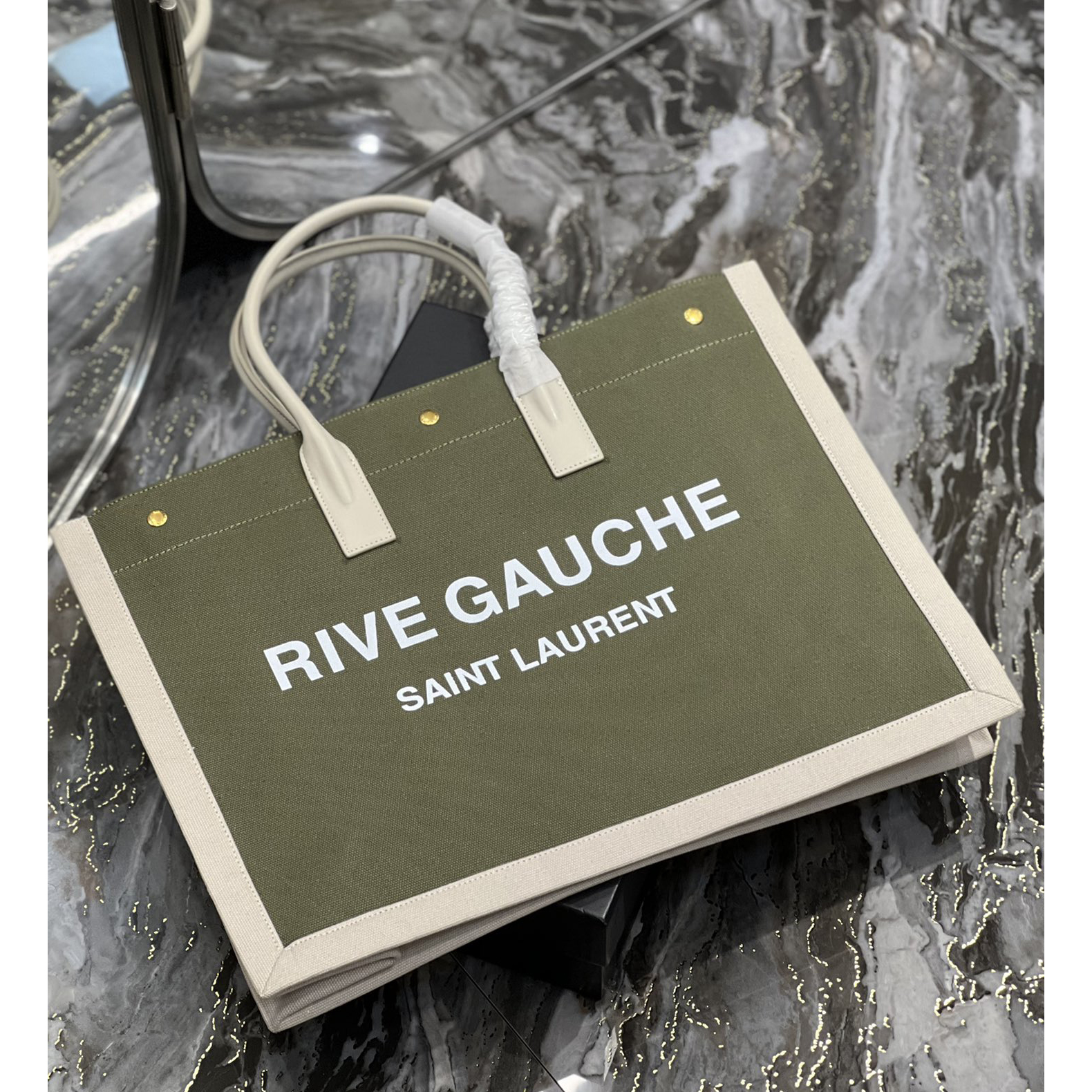Saint Laurent Rive Gquche Tote Bag In Linen And Smooth Leather(48-36-16cm) - PerfectKickZ