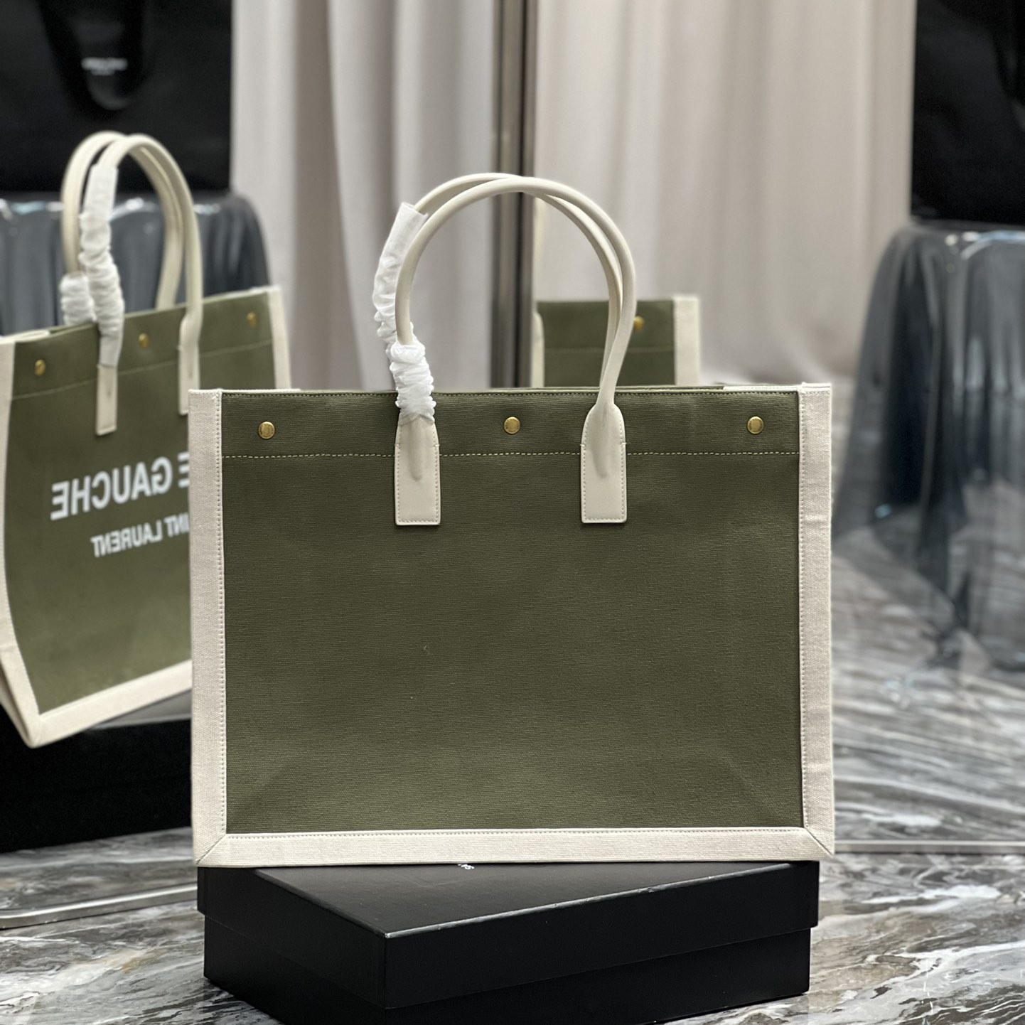 Saint Laurent Rive Gquche Tote Bag In Linen And Smooth Leather(48-36-16cm) - PerfectKickZ