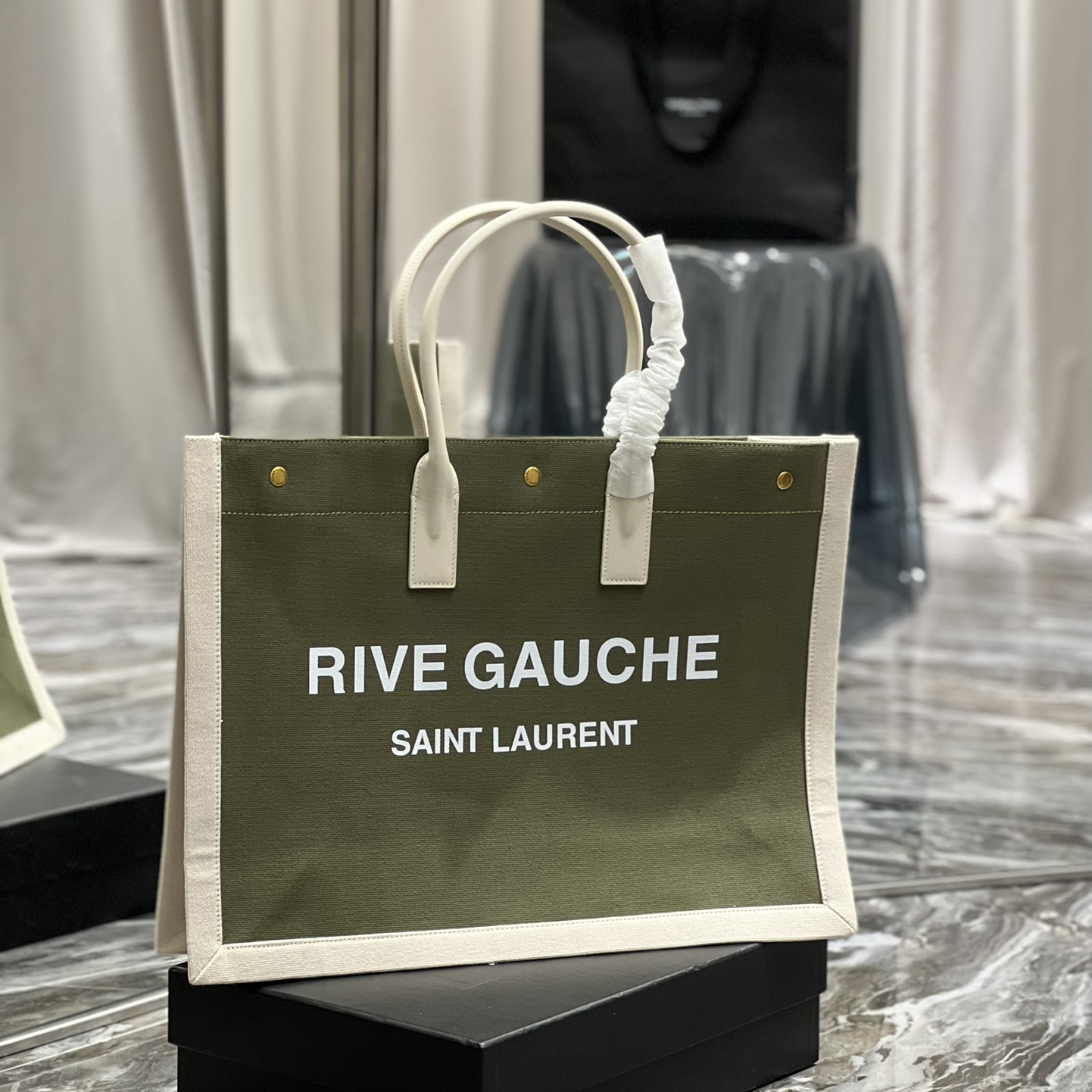 Saint Laurent Rive Gquche Tote Bag In Linen And Smooth Leather(48-36-16cm) - PerfectKickZ