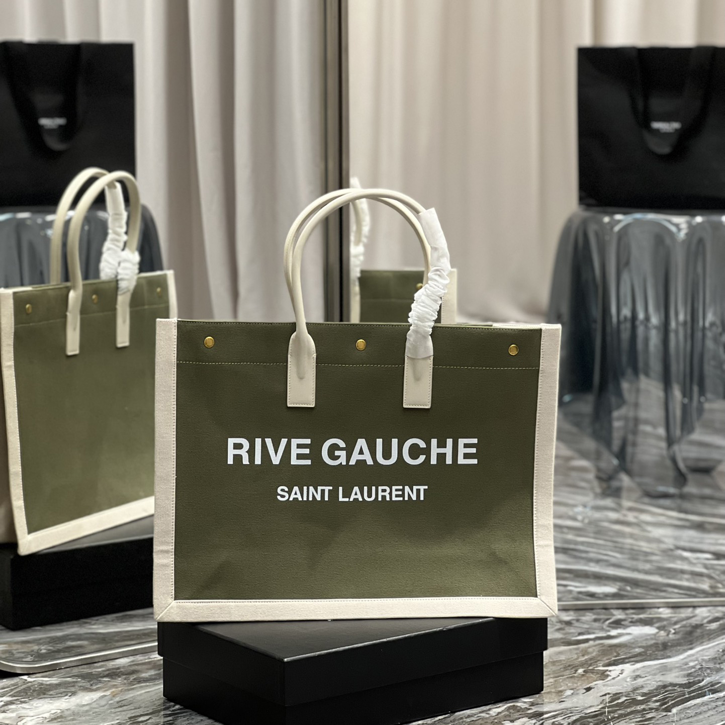 Saint Laurent Rive Gquche Tote Bag In Linen And Smooth Leather(48-36-16cm) - PerfectKickZ