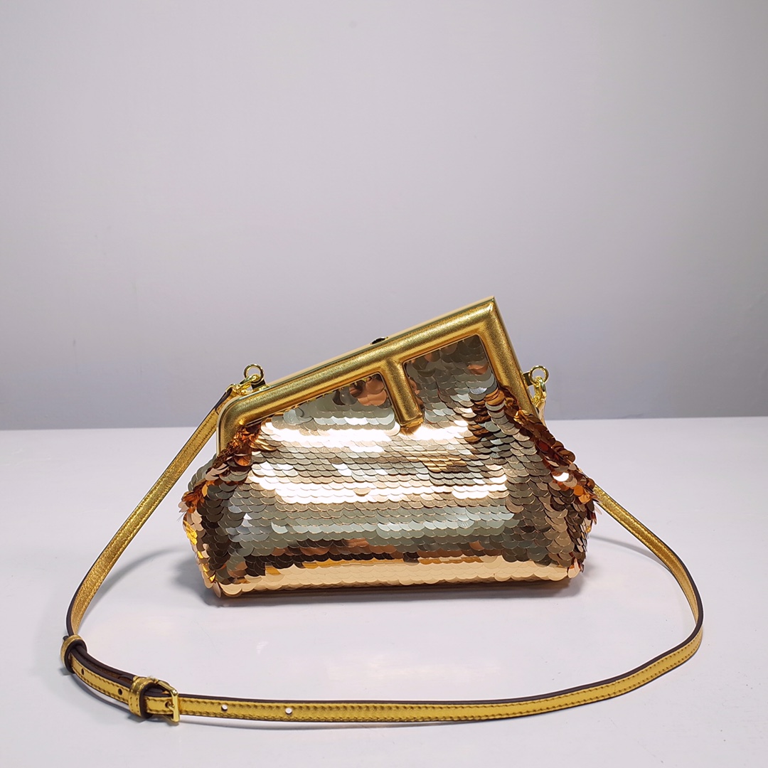 Fendi Gold-Coloured Leather And Sequinned Bag   (26-18-9.5cm)   8BP129  - PerfectKickZ