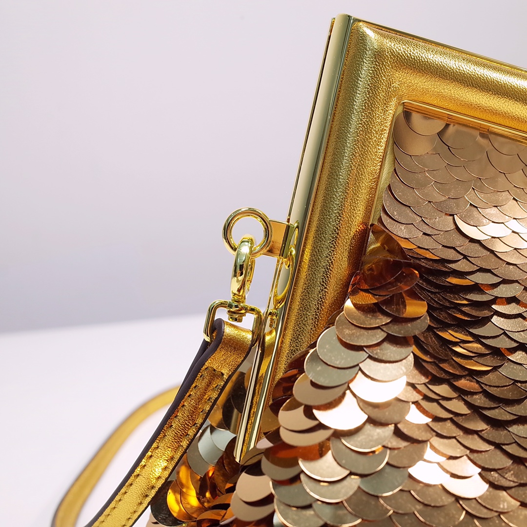 Fendi Gold-Coloured Leather And Sequinned Bag   (26-18-9.5cm)   8BP129  - PerfectKickZ