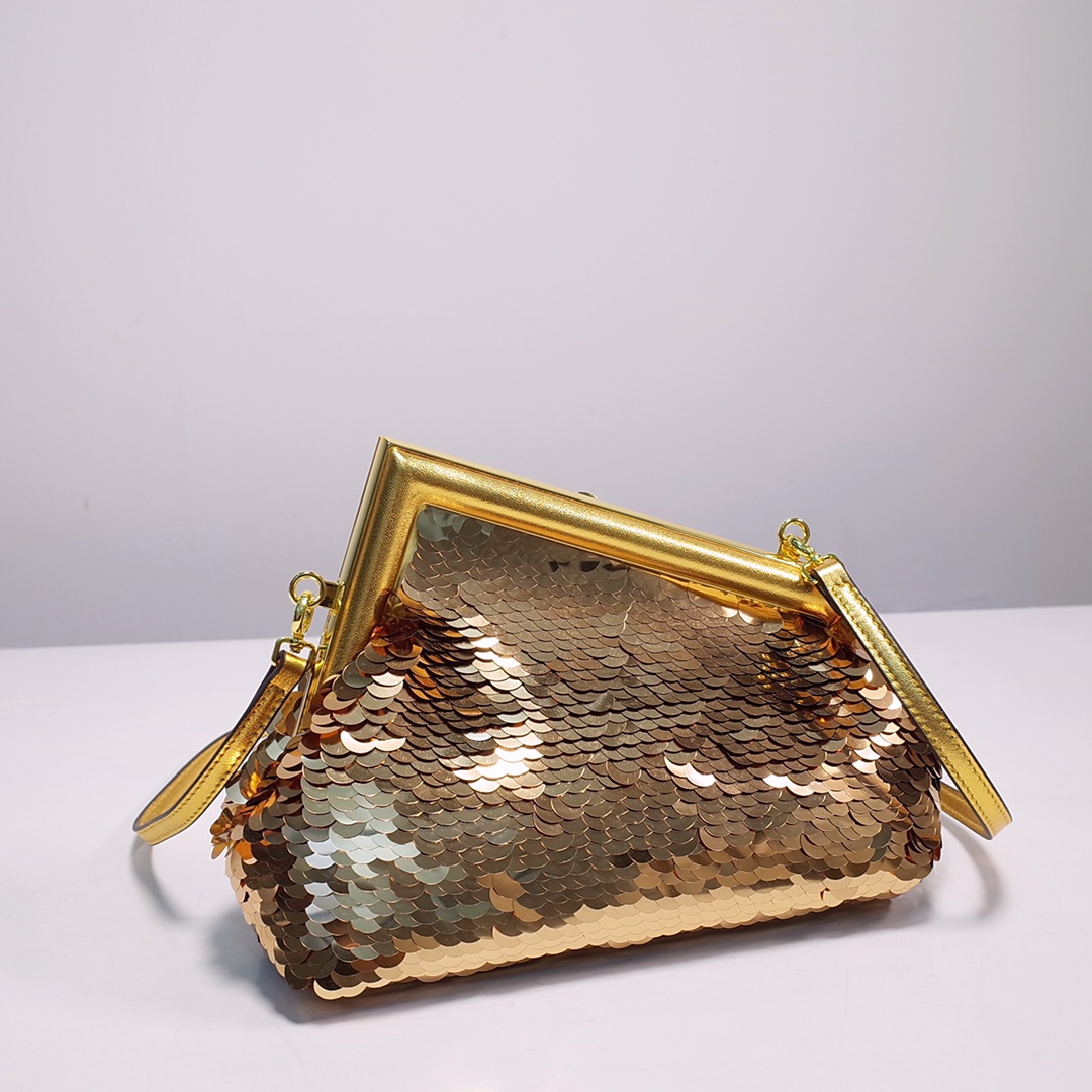 Fendi Gold-Coloured Leather And Sequinned Bag   (26-18-9.5cm)   8BP129  - PerfectKickZ