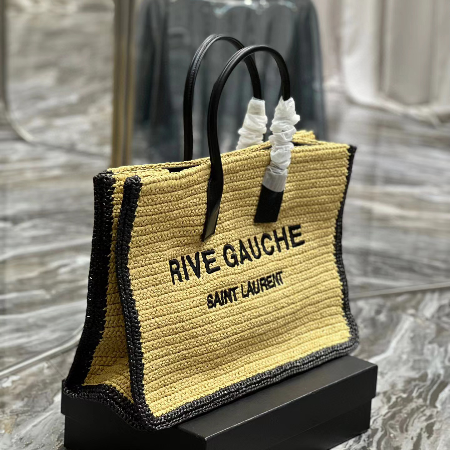 Saint Laurent Rive Gauche Tote Bag In Raffia And Leather(48-36-16cm) - PerfectKickZ