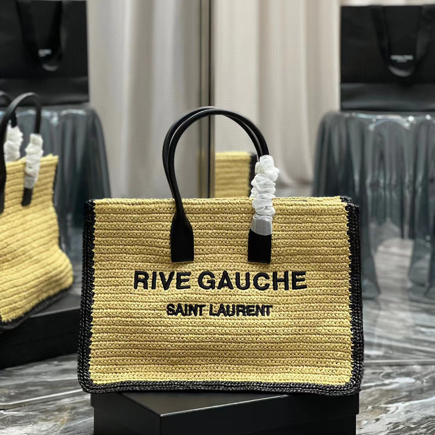 Saint Laurent Rive Gauche Tote Bag In Raffia And Leather(48-36-16cm) - PerfectKickZ