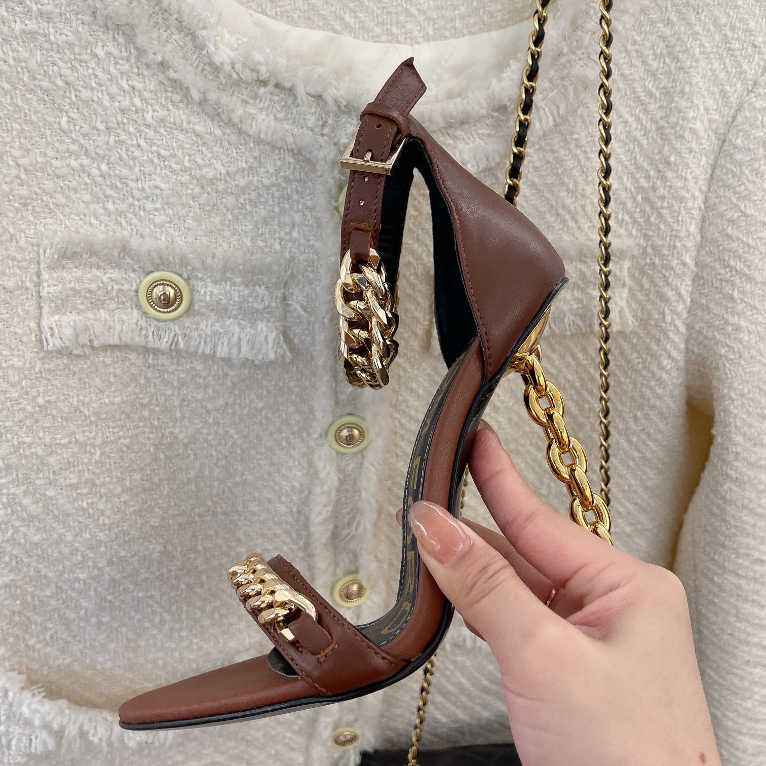 Tom Ford Chain-Trimmed Leather Sandals With Heel Height Of 10.5cm - PerfectKickZ