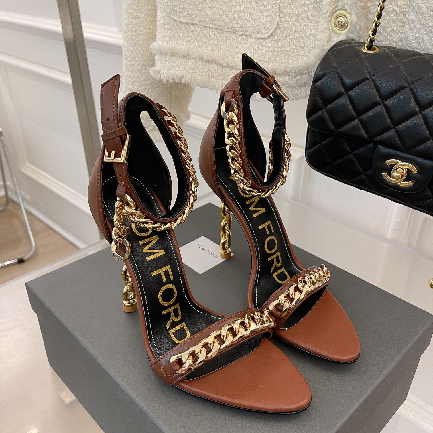 Tom Ford Chain-Trimmed Leather Sandals With Heel Height Of 10.5cm - PerfectKickZ