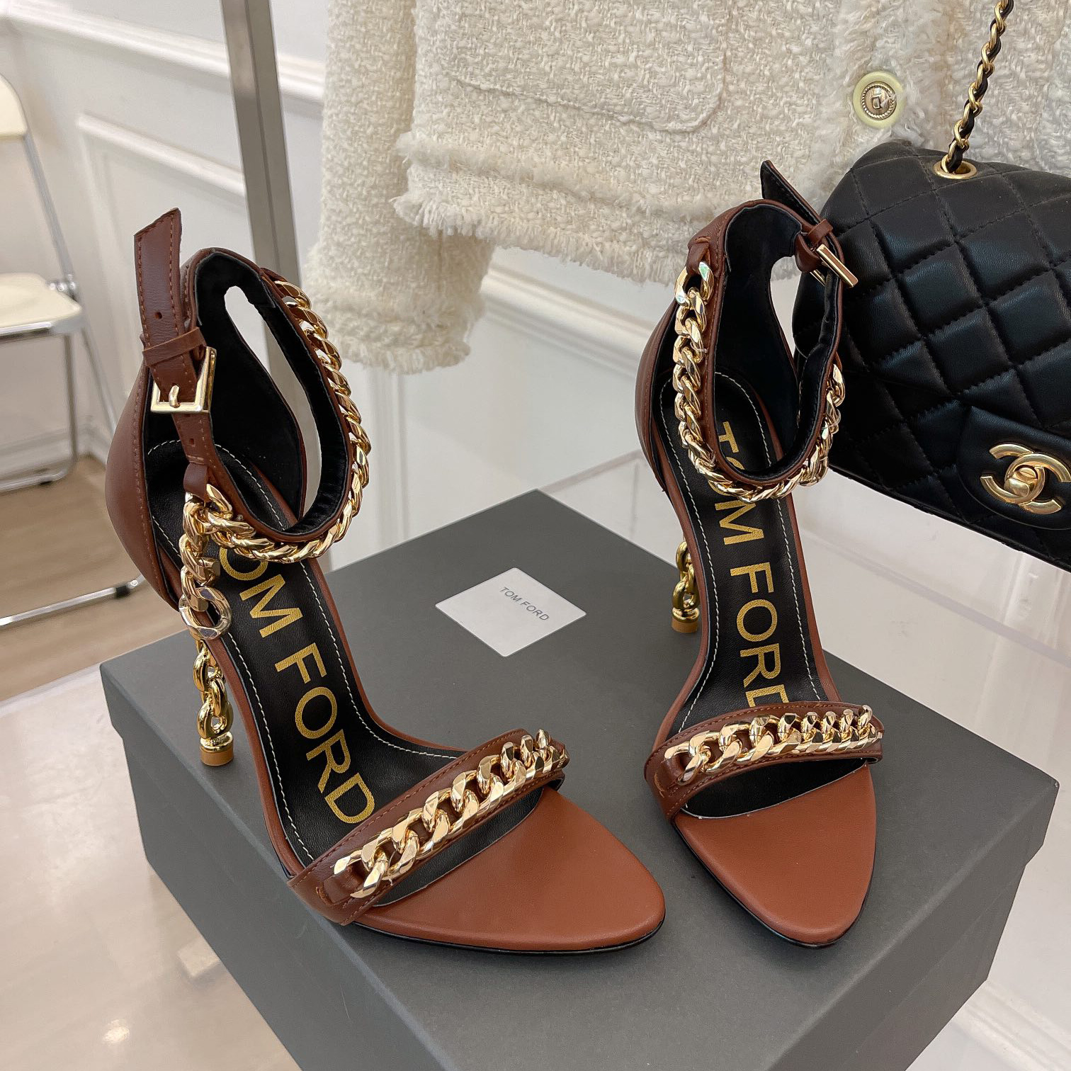 Tom Ford Chain-Trimmed Leather Sandals With Heel Height Of 10.5cm - PerfectKickZ