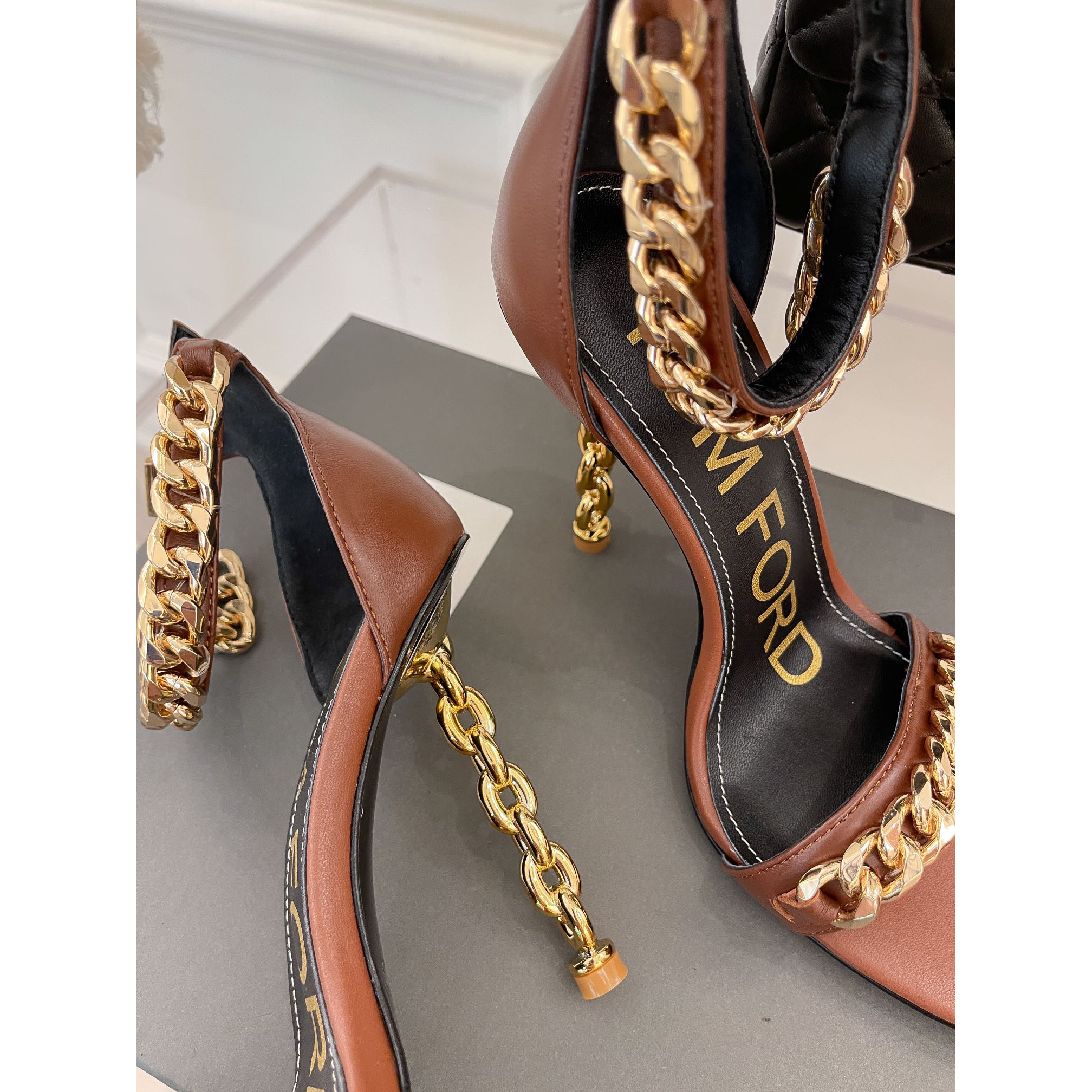 Tom Ford Chain-Trimmed Leather Sandals With Heel Height Of 10.5cm - PerfectKickZ