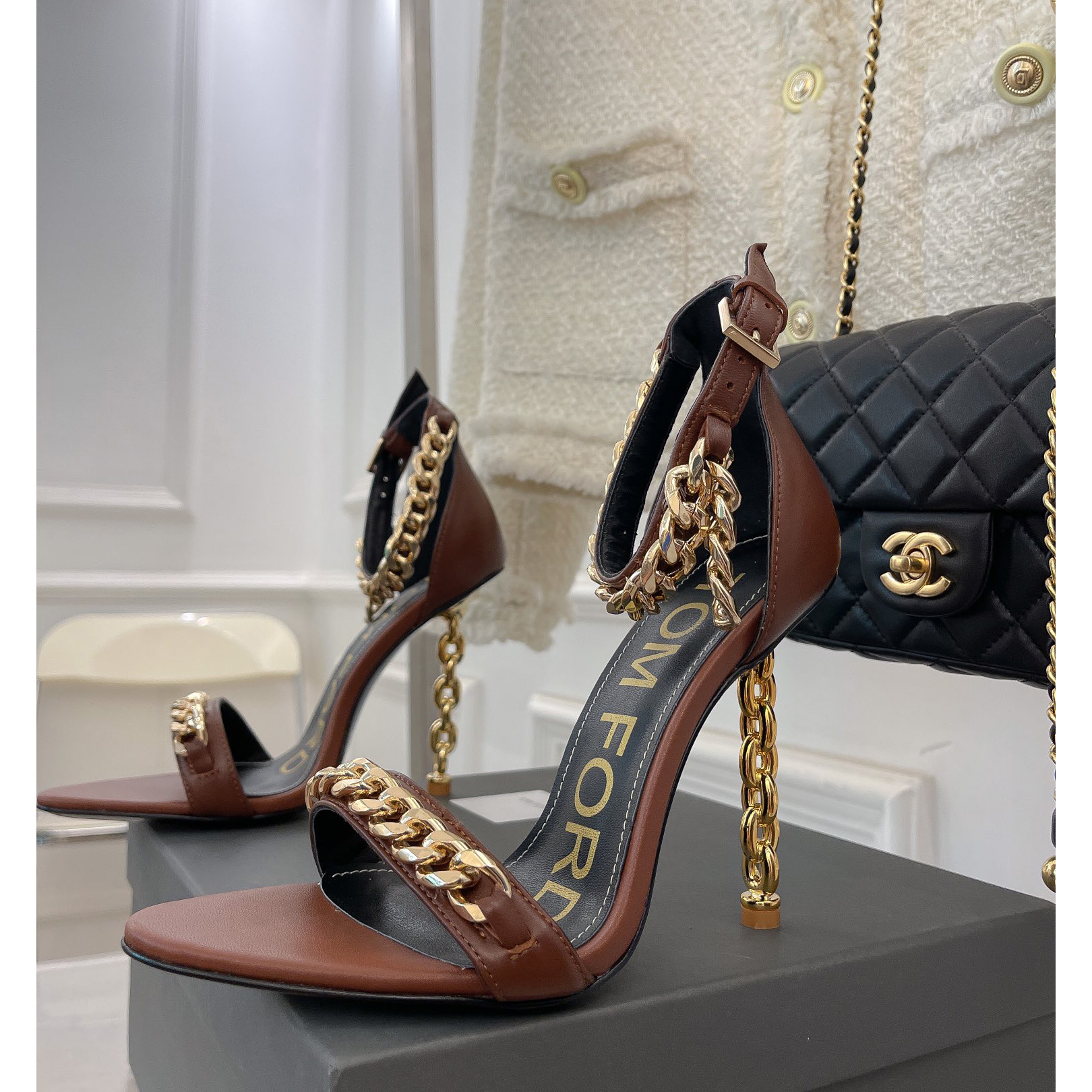 Tom Ford Chain-Trimmed Leather Sandals With Heel Height Of 10.5cm - PerfectKickZ