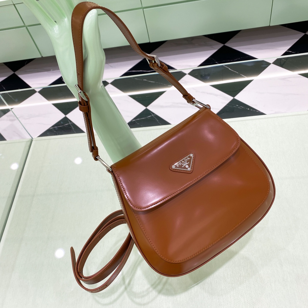 Prada Cleo Brushed Leather Shoulder Bag In Brown(24-19-6cm)   1BD303 - PerfectKickZ