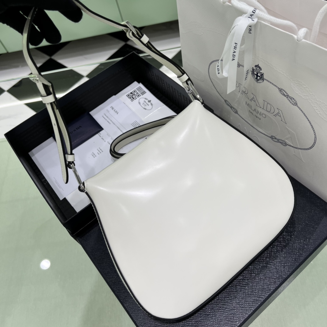 Prada Cleo Brushed Leather Shoulder Bag In White(24-19-6cm)   1BD303 - PerfectKickZ