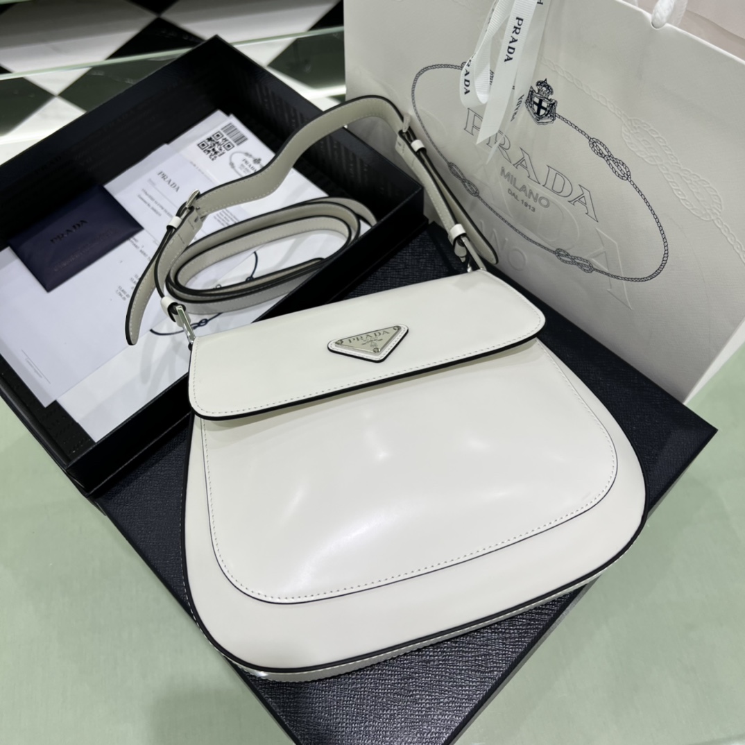 Prada Cleo Brushed Leather Shoulder Bag In White(24-19-6cm)   1BD303 - PerfectKickZ