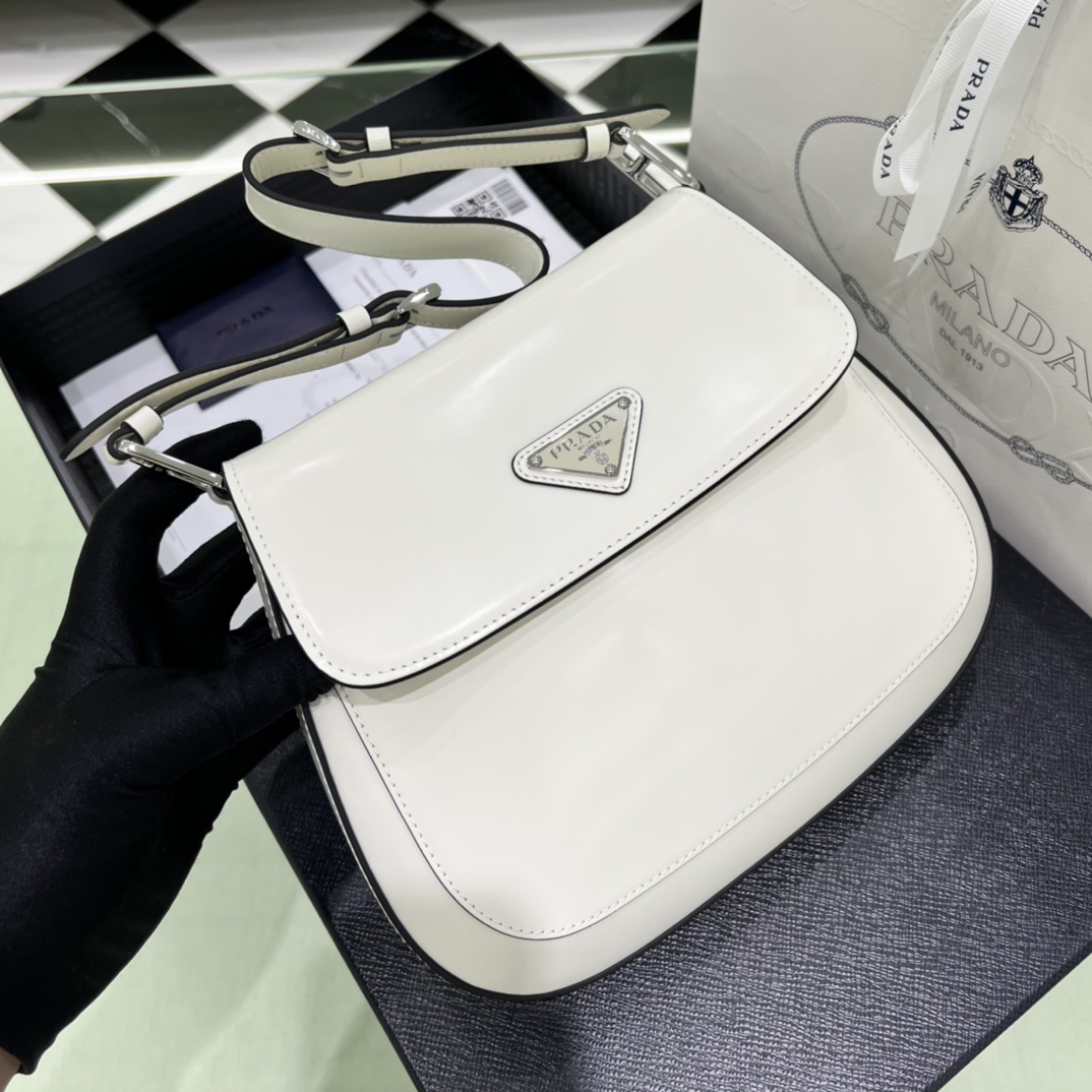 Prada Cleo Brushed Leather Shoulder Bag In White(24-19-6cm)   1BD303 - PerfectKickZ