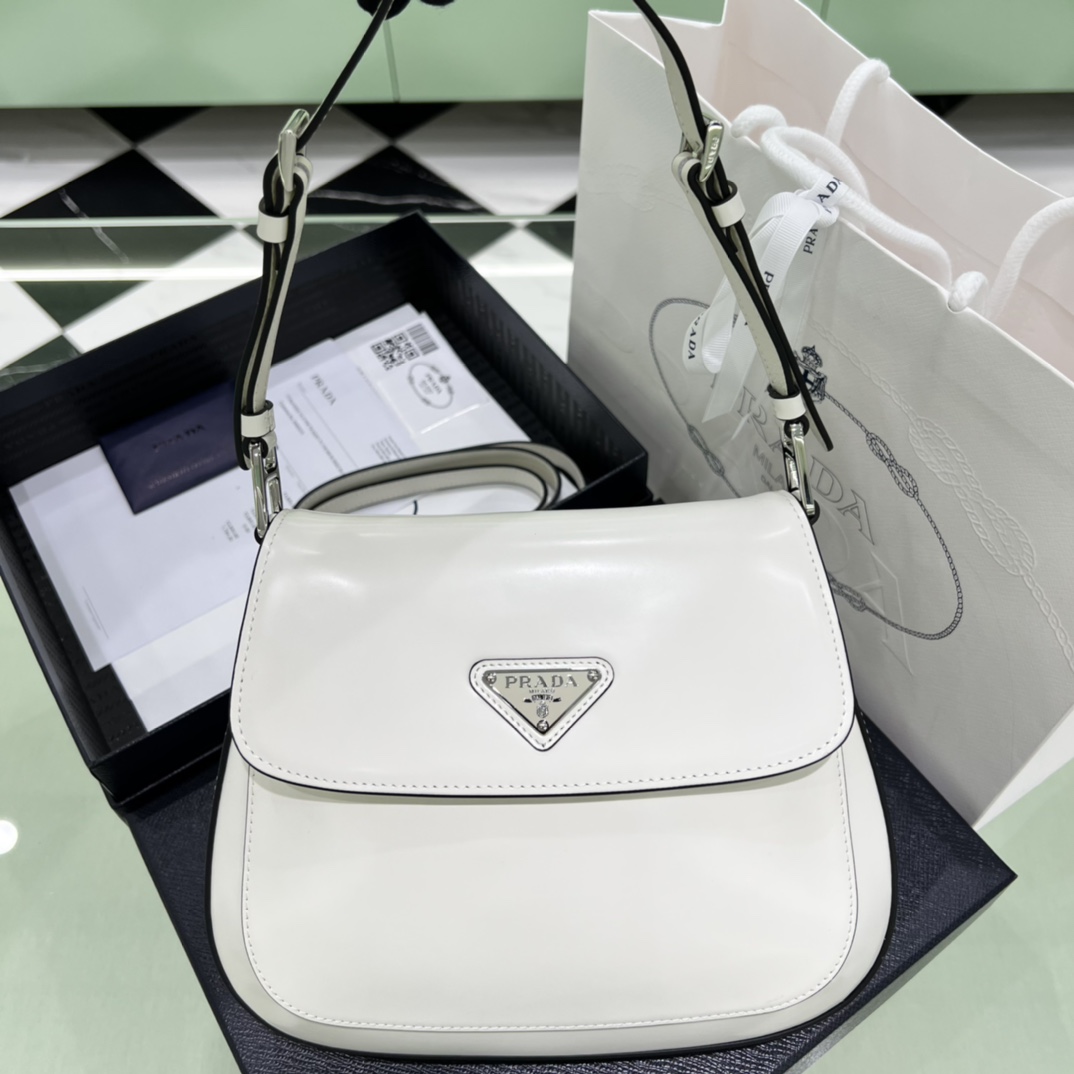 Prada Cleo Brushed Leather Shoulder Bag In White(24-19-6cm)   1BD303 - PerfectKickZ