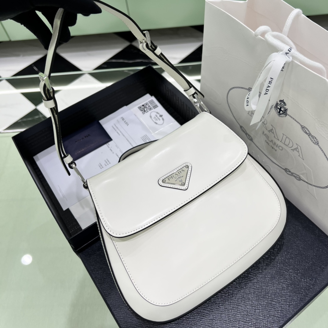 Prada Cleo Brushed Leather Shoulder Bag In White(24-19-6cm)   1BD303 - PerfectKickZ