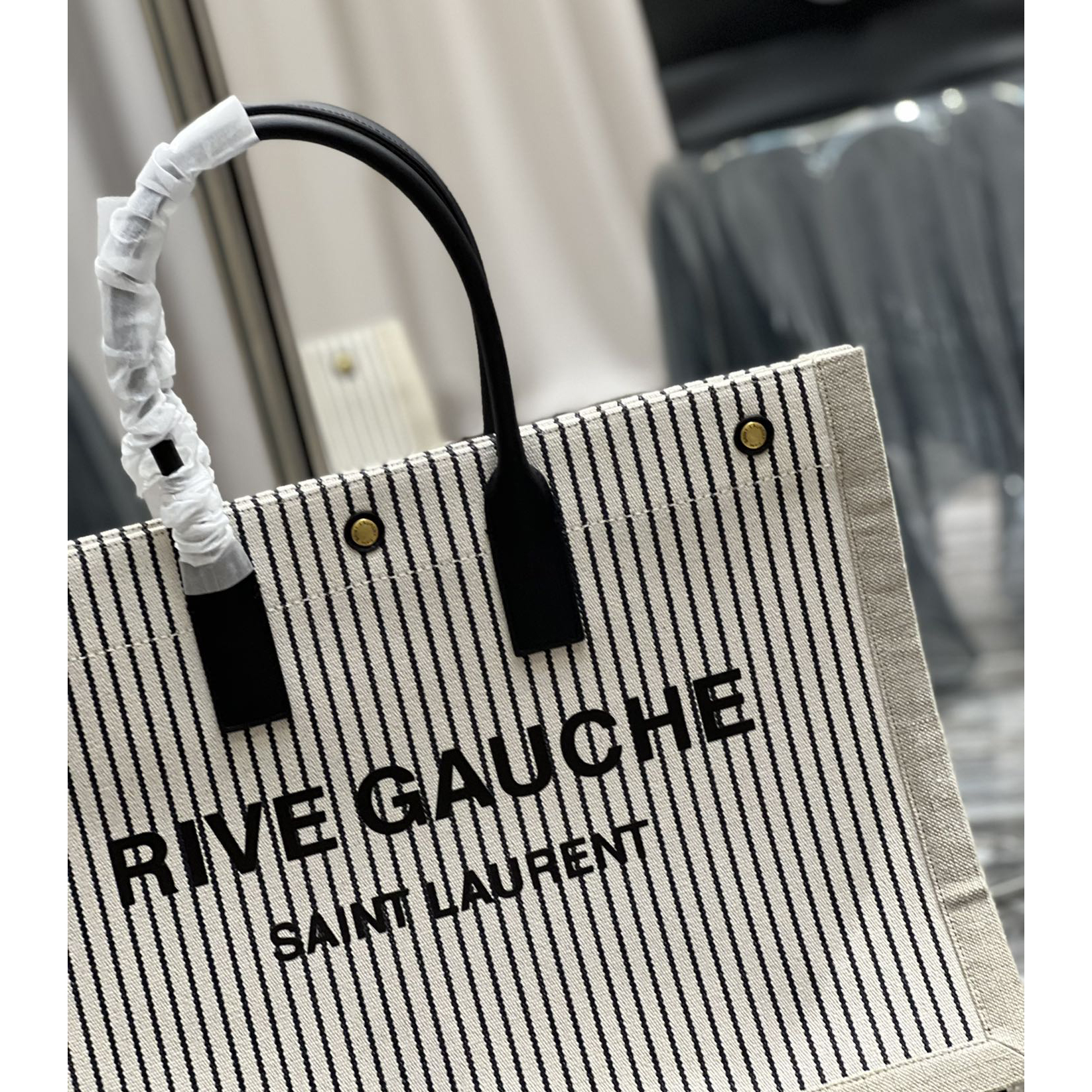 Saint Laurent Rive Gquche Tote Bag In Linen And Smooth Leather(48-36-16cm) - PerfectKickZ