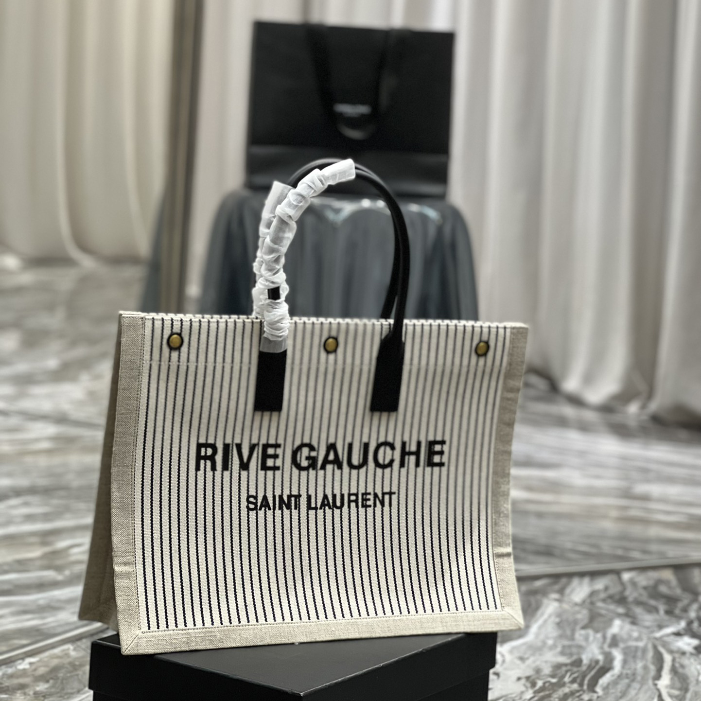 Saint Laurent Rive Gquche Tote Bag In Linen And Smooth Leather(48-36-16cm) - PerfectKickZ