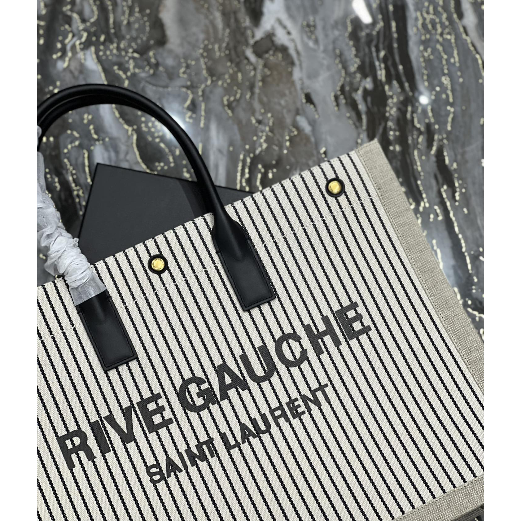 Saint Laurent Rive Gquche Tote Bag In Linen And Smooth Leather(48-36-16cm) - PerfectKickZ