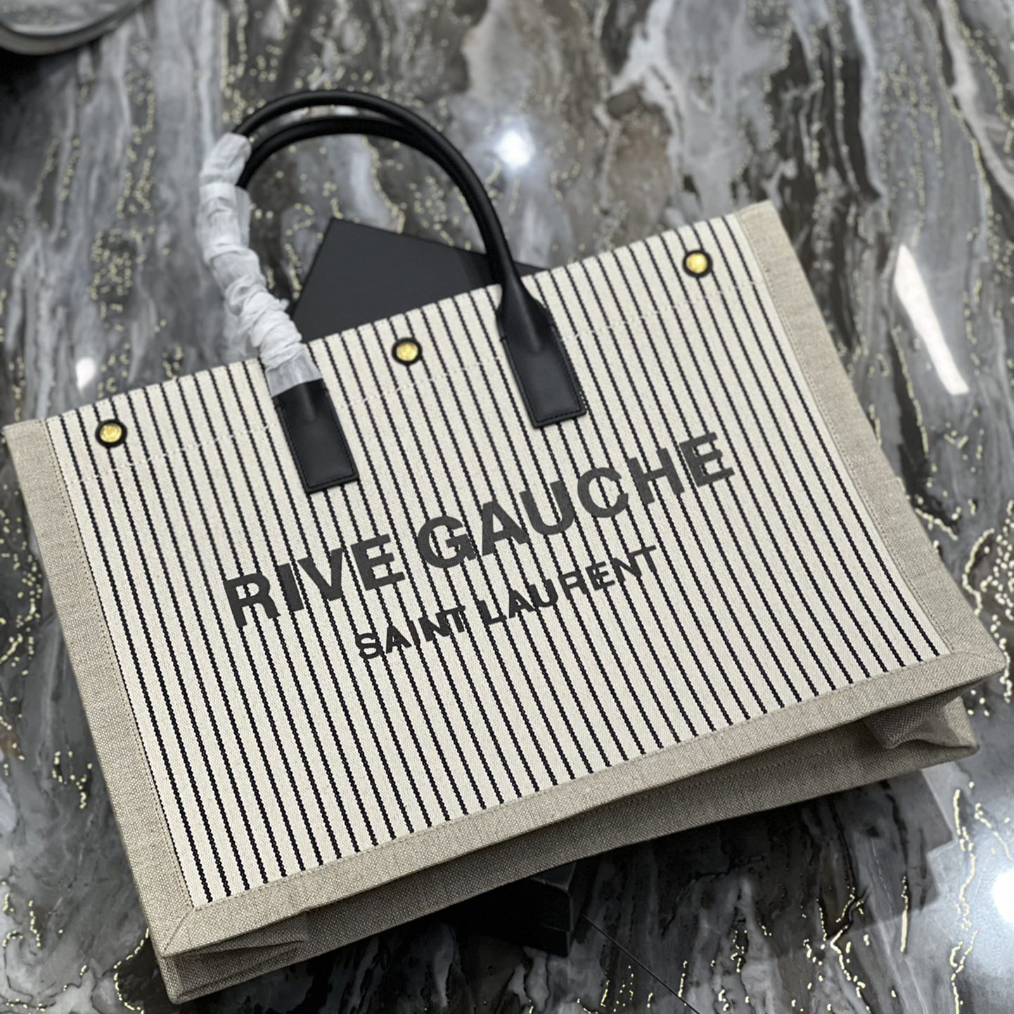 Saint Laurent Rive Gquche Tote Bag In Linen And Smooth Leather(48-36-16cm) - PerfectKickZ