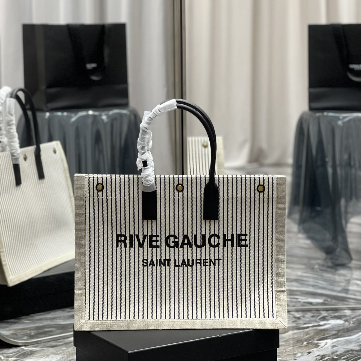 Saint Laurent Rive Gquche Tote Bag In Linen And Smooth Leather(48-36-16cm) - PerfectKickZ
