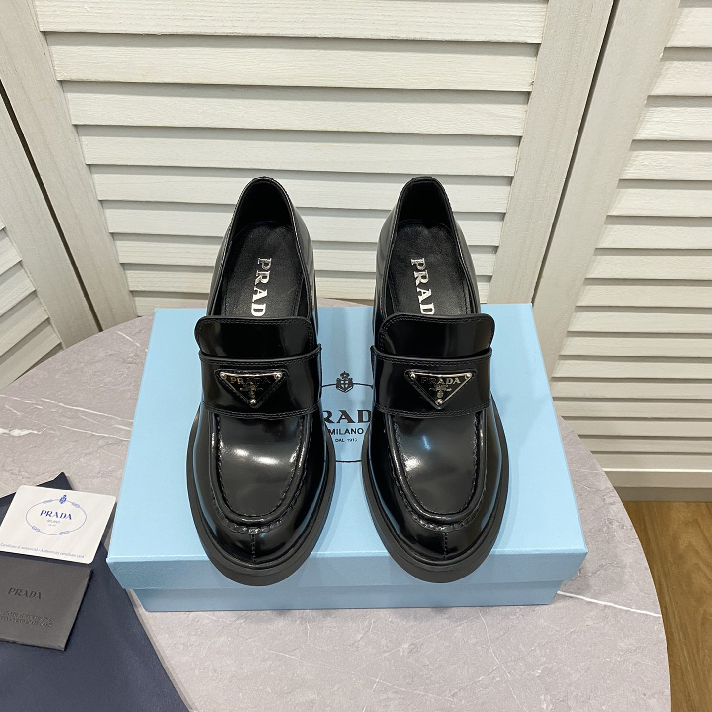 Prada Chocolate High-Heeled Brushed Leather Loafers   - PerfectKickZ
